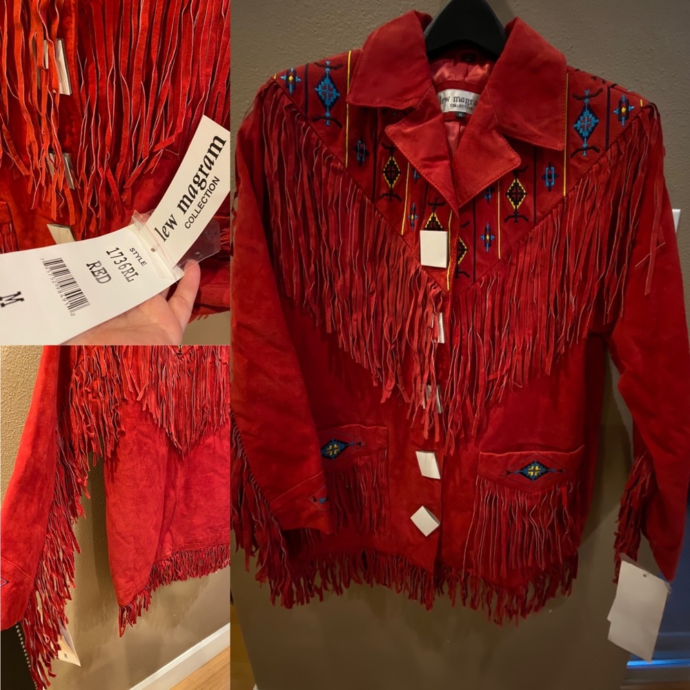 Vintage red embroidered fringe beaded jacket NWT